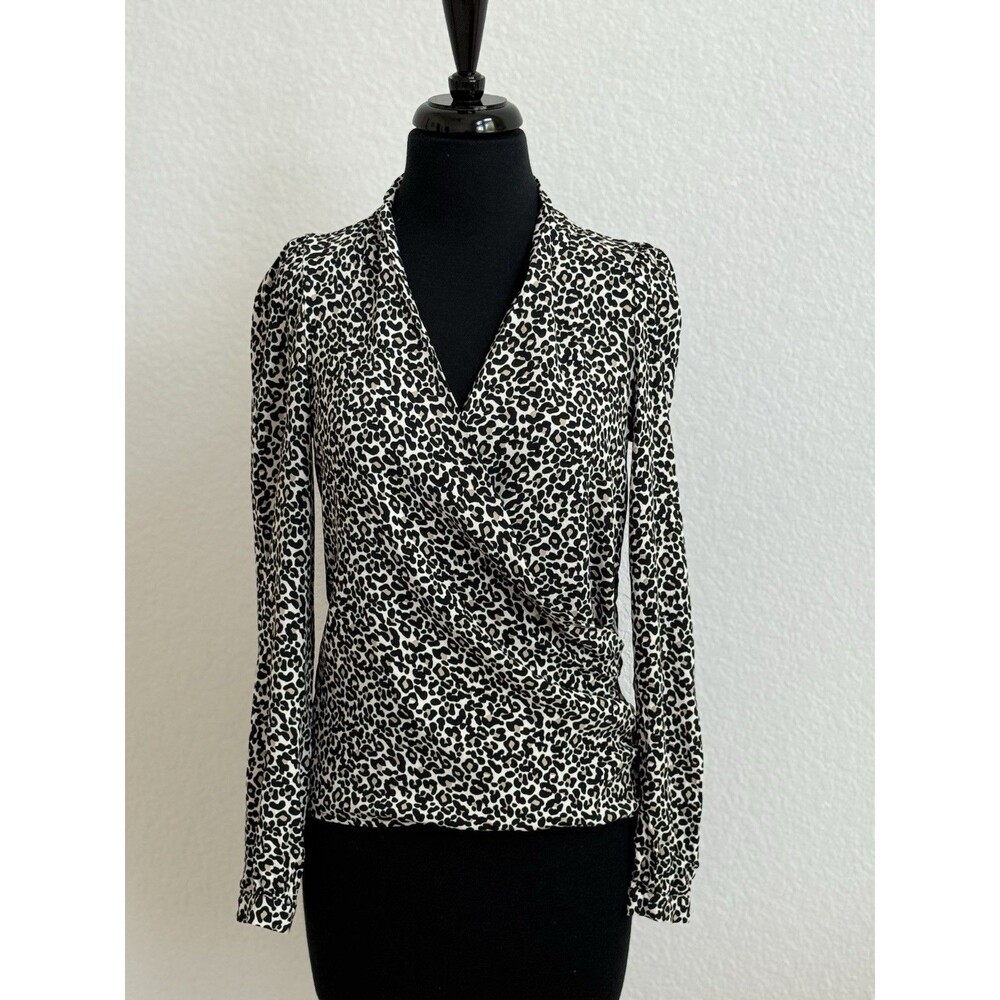Sezane Abelia Cream Leopard Faux Wrap Blouse Long Sleeve Draped V-Neck Sz 34/XS - Picture 2 of 10